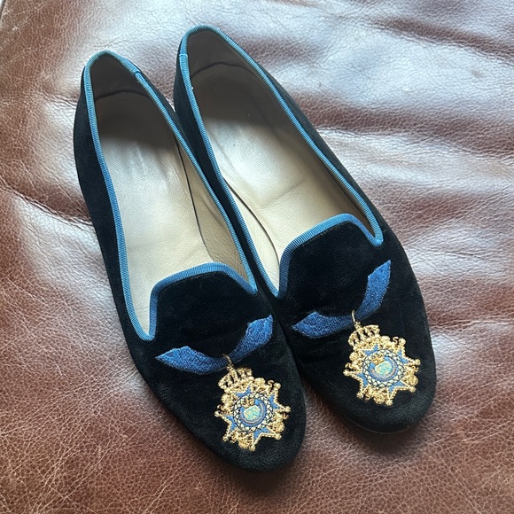 Stubbs & Wootton Shoes - Stubbs & Wootton Black and Blue Embroidered Loafers